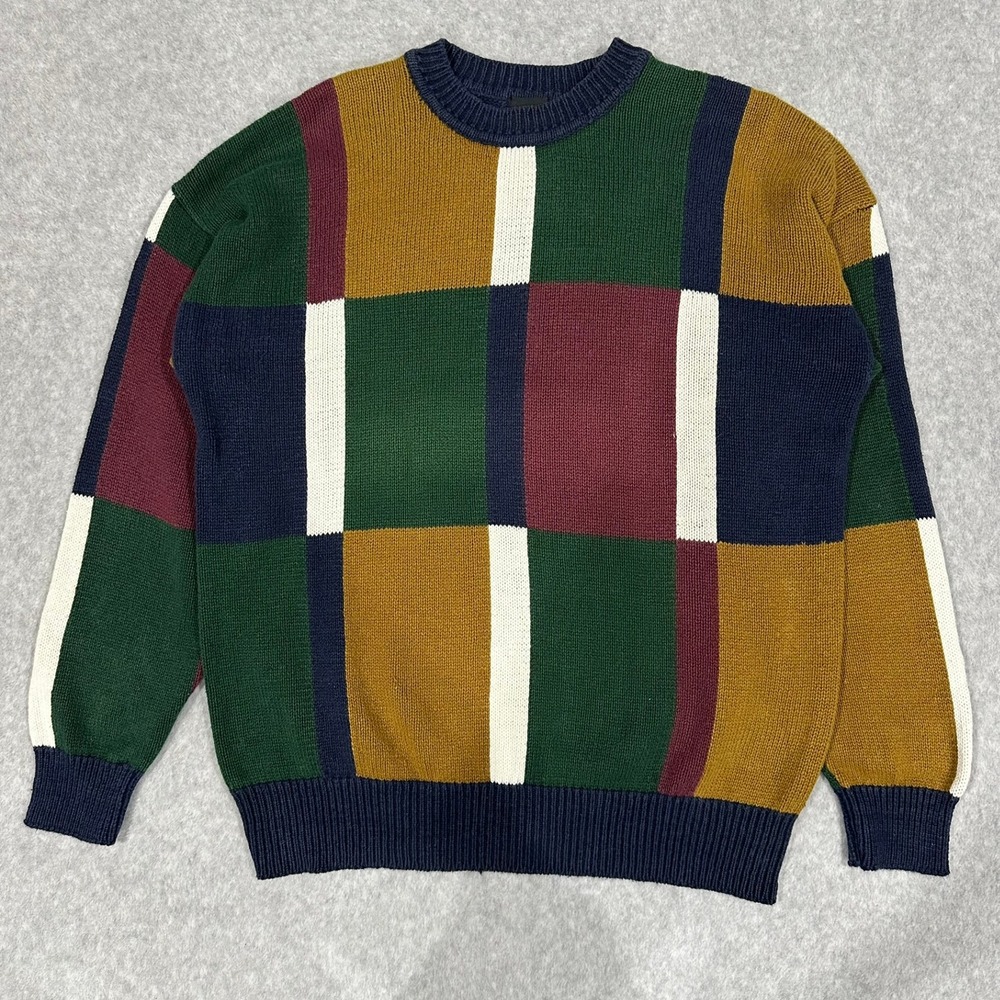 Structure Men's Large Colorblock Crewneck Sweater Ramie Cotton Vintage Style